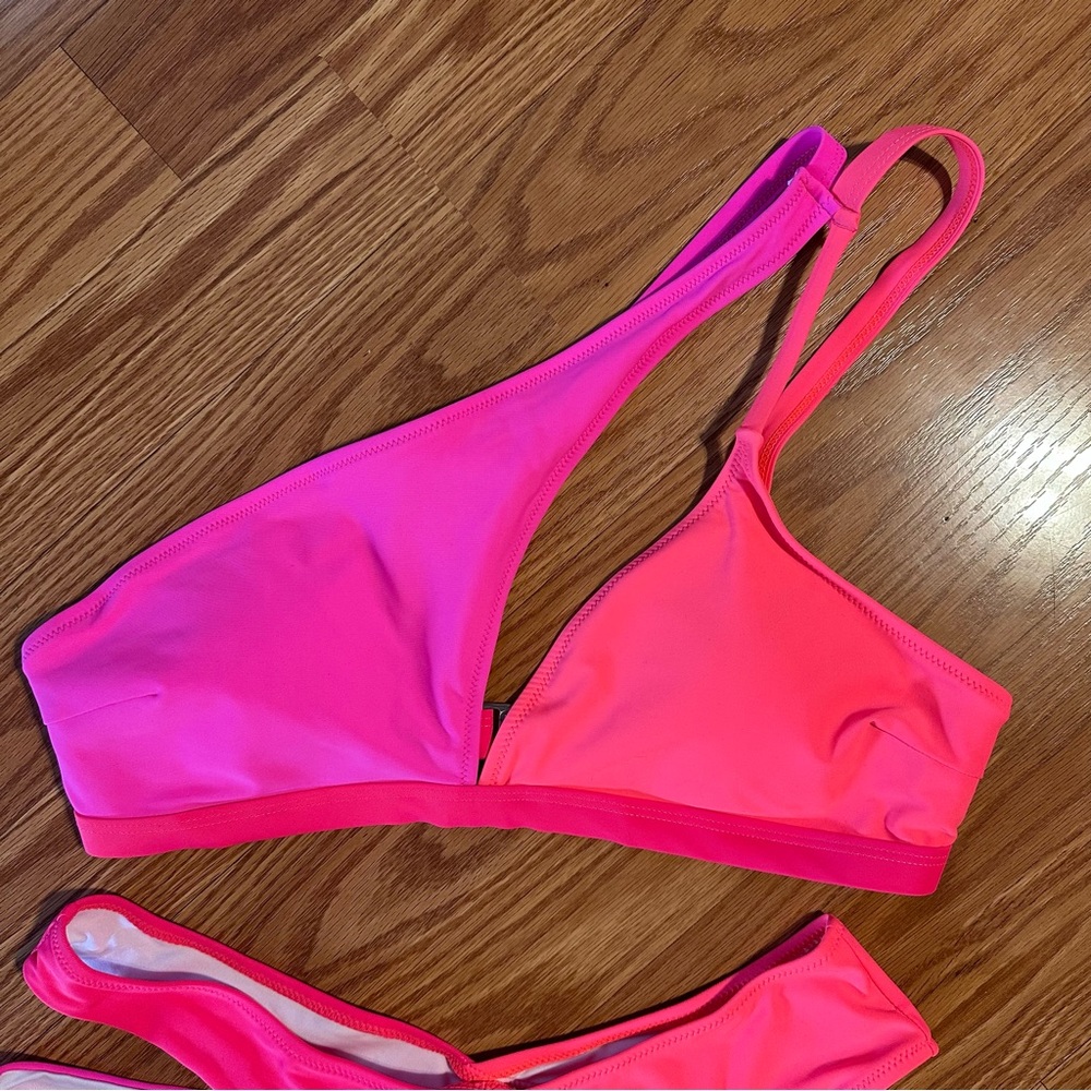 NWOT Neon Pink Orange Split One Shoulder Bikini Set size L - Picture 2 of 9